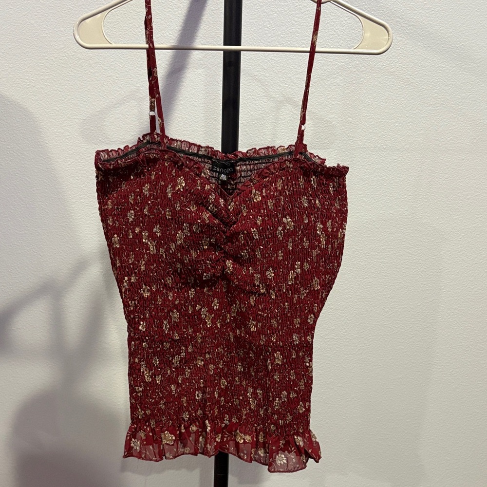 Zenobia Burgundy Floral Smocked Cami